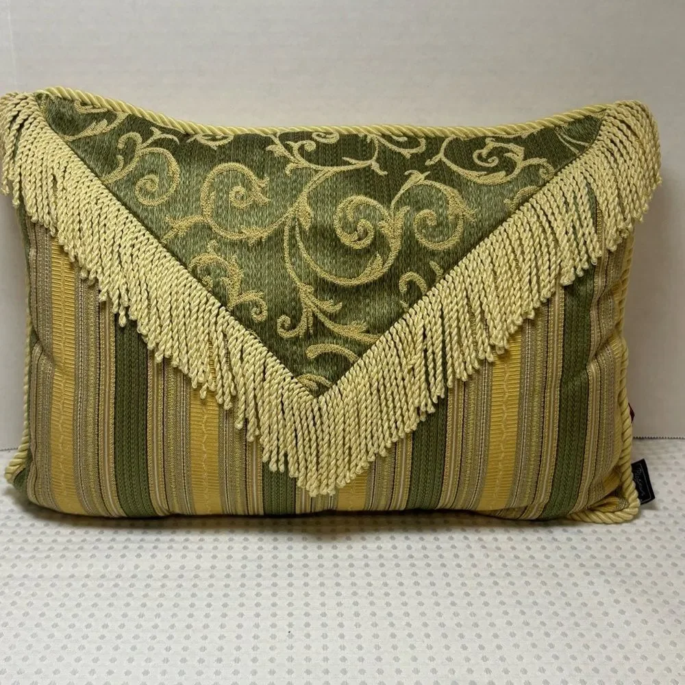 Platinum Couture Green and Gold Stripe Brocade Decorative Pillow with Fringe